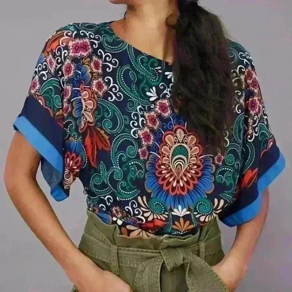 Anthropologie Multicolor Floral-Print Short Sleeve Top - Picture 2 of 9